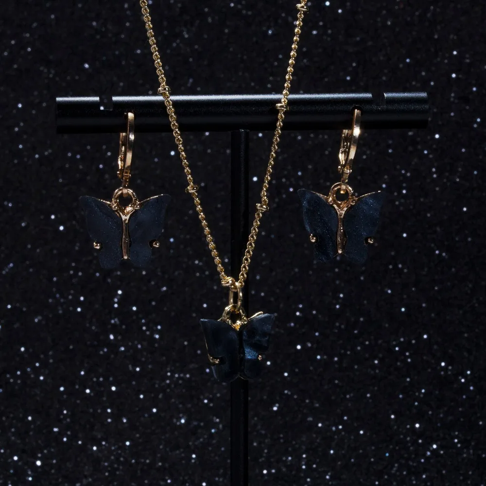 Women's Acrylic Butterfly Earrings with Pendant Necklace Set
