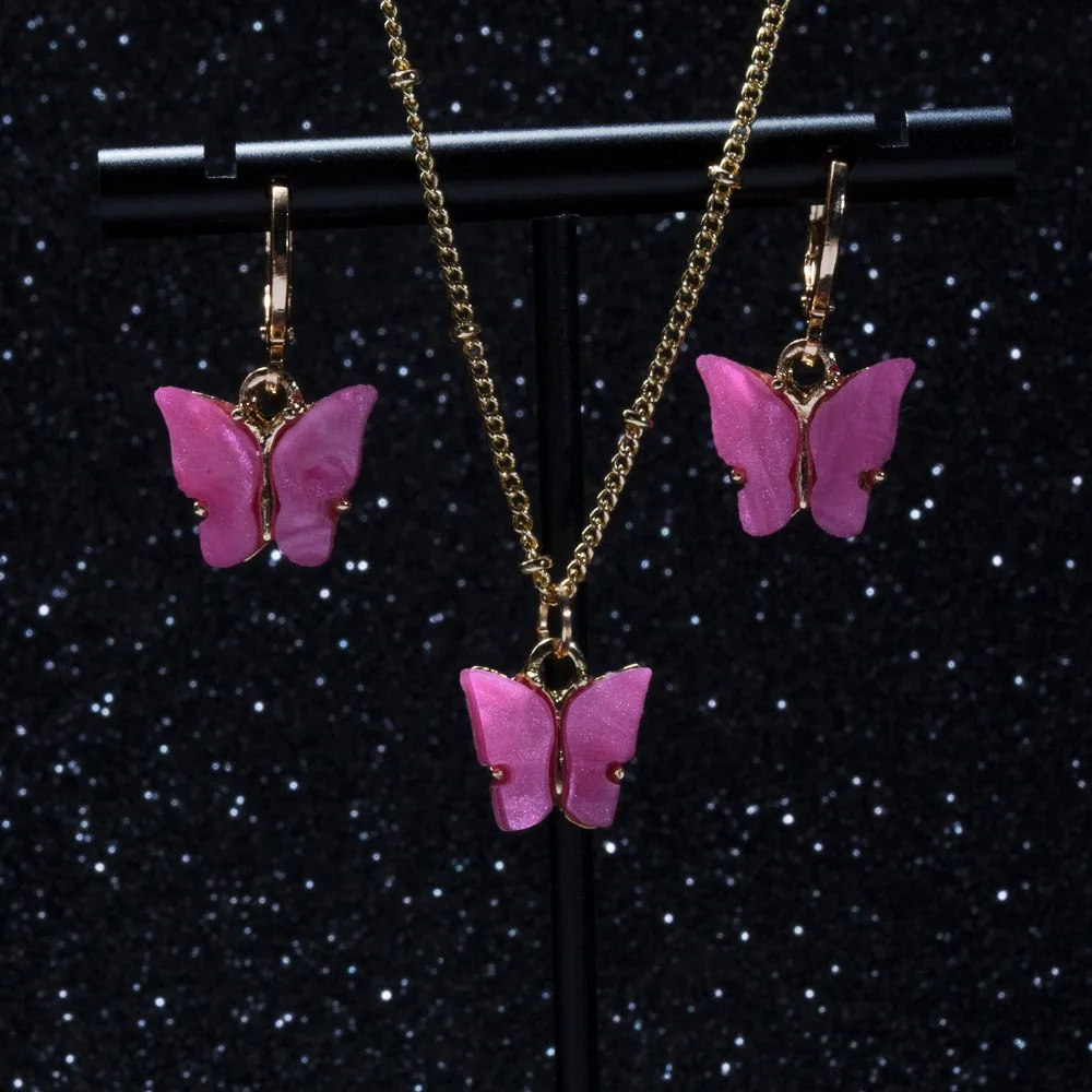 Women's Acrylic Butterfly Earrings with Pendant Necklace Set