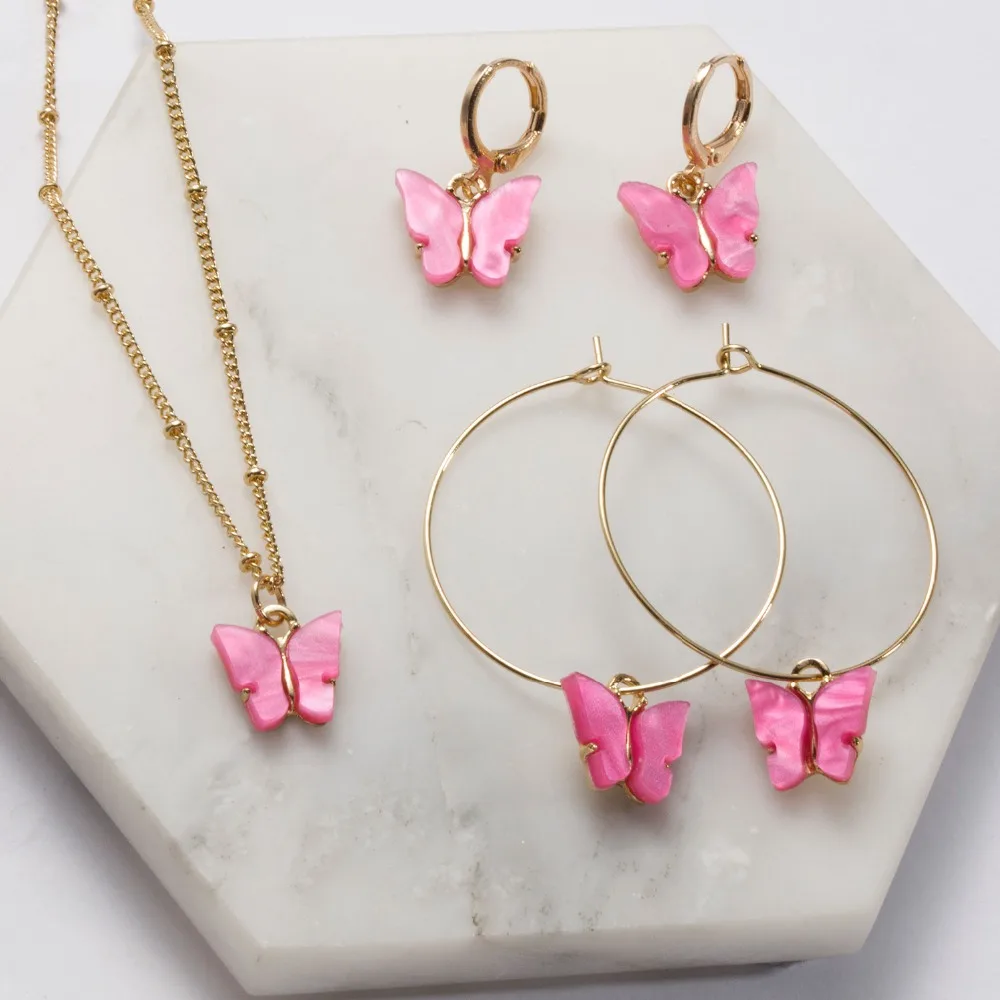 Women's Acrylic Butterfly Earrings with Pendant Necklace Set