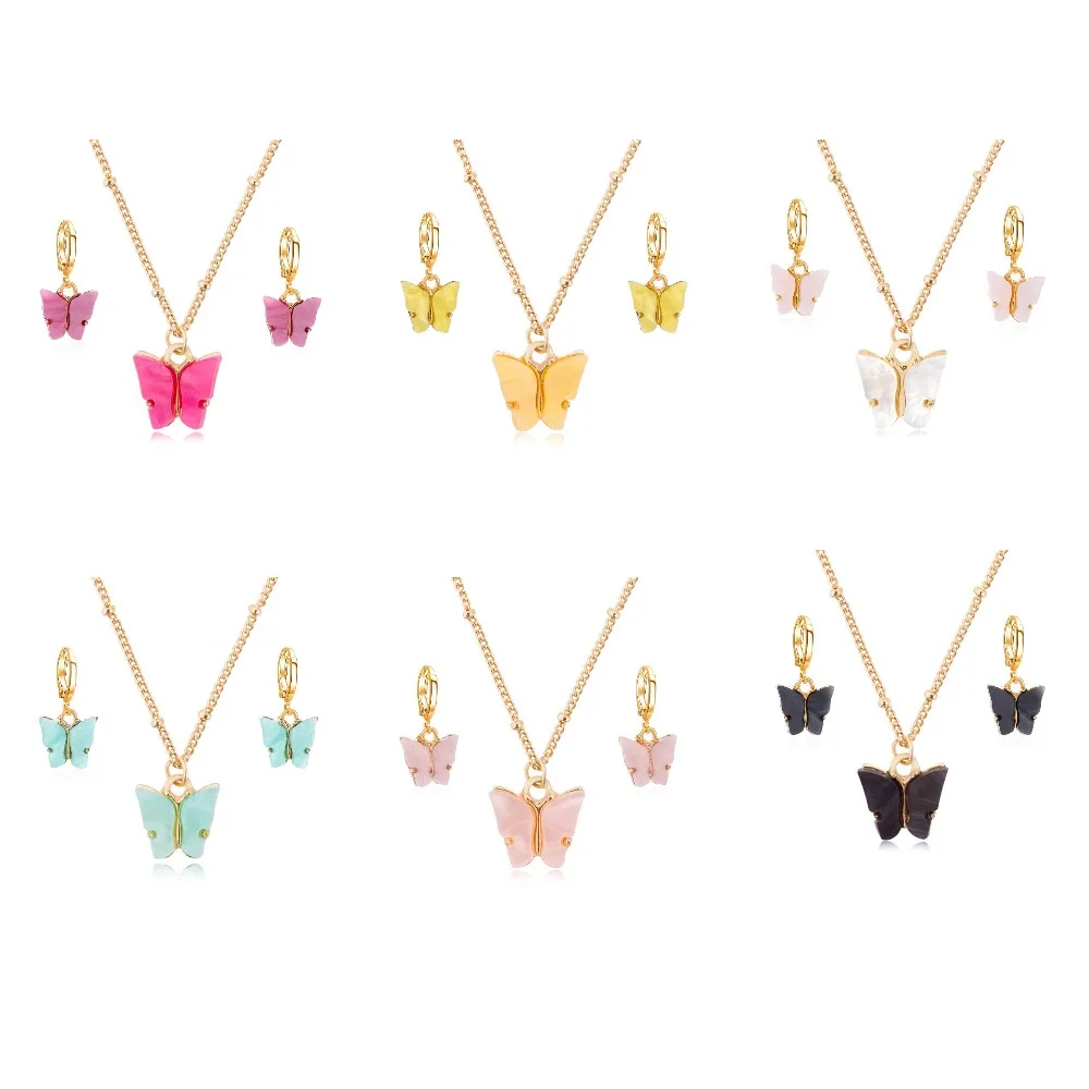 Women's Acrylic Butterfly Earrings with Pendant Necklace Set