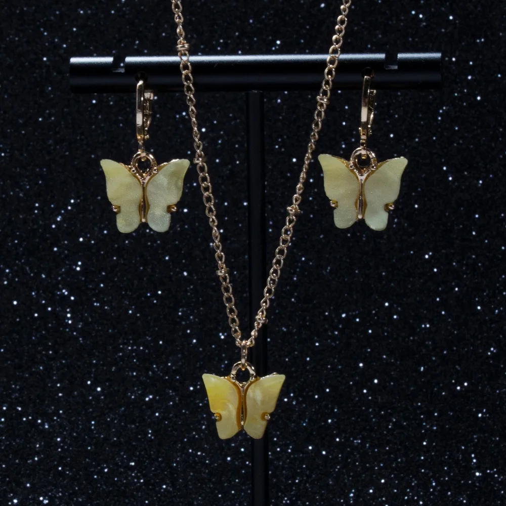 Women's Acrylic Butterfly Earrings with Pendant Necklace Set